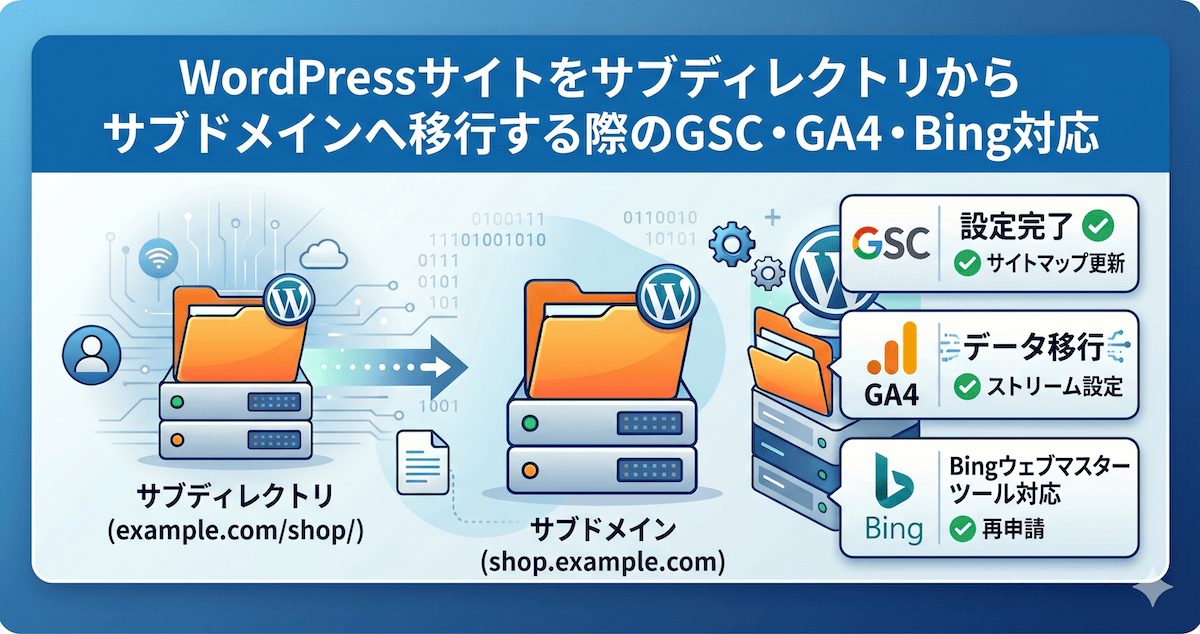 WordPressサイトをサブディレクトリからサブドメインへ移行する際のGSC・GA4・Bing対応の記事アイキャッチ画像