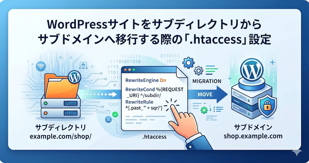 WordPressサイトをサブディレクトリからサブドメインへ移行する際の「.htaccess」設定の記事アイキャッチ画像